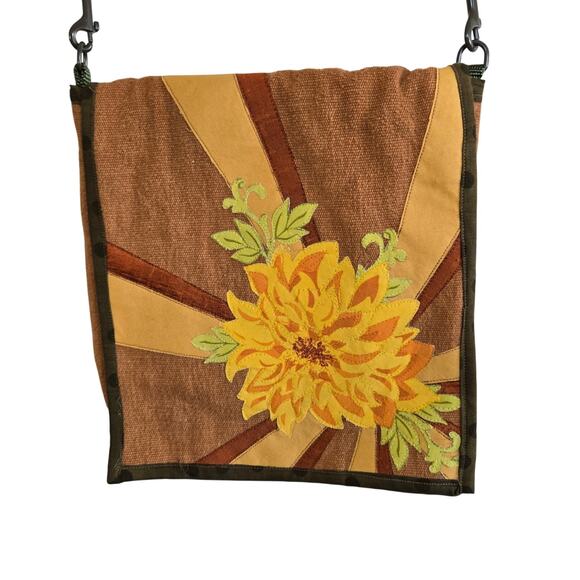 Canvas Floral Crossbody Purse – Tan & Butter Yellow Boho Hobo Bag - Picture 1 of 5
